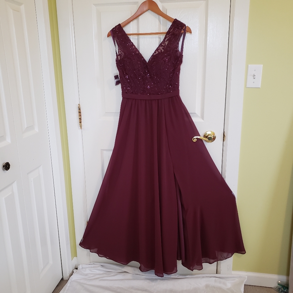 Burgundy Chiffon Beaded Slit Leg V-Neck Gown Dress